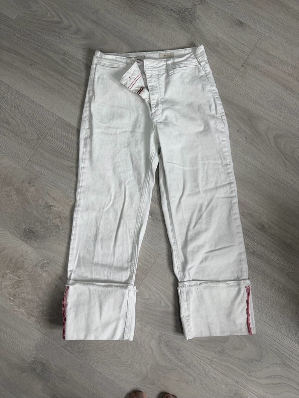 Pilcro White Cuffed Wide-Leg Jeans with Red Trim